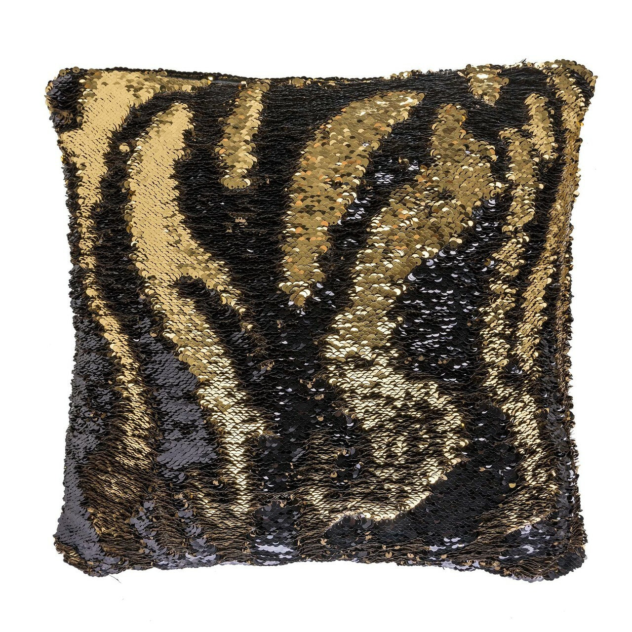 Sofa Cushion Cover Made from Sequin-Covered Satin Fabric with Reversible Two-Toned Design in Black and Gold - 12 Inch