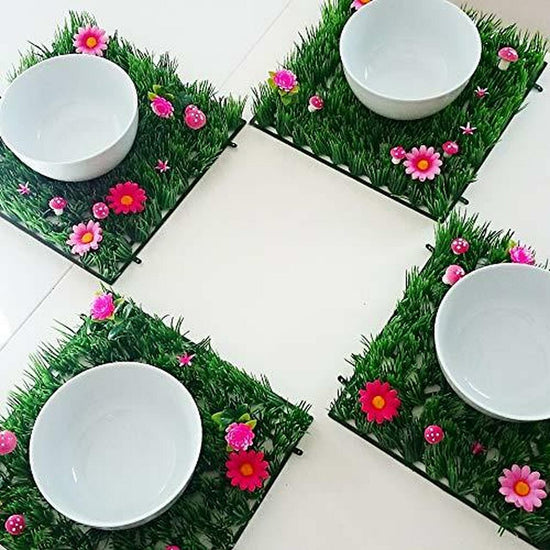 Artificial Grass Place Mat - Set of 4 Mats With Flowers - Perfect for Alice in Wonderland Party Supplies