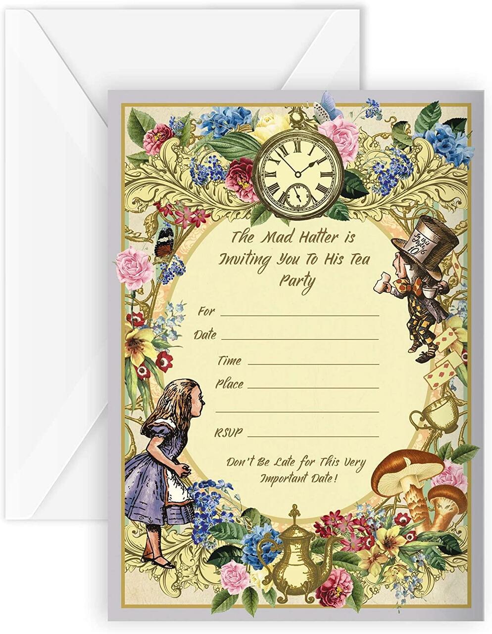 Alice in Wonderland Party Invites Pack of 20 Includes 20 Envelopes Party Supplies Made Hatter Tea Party