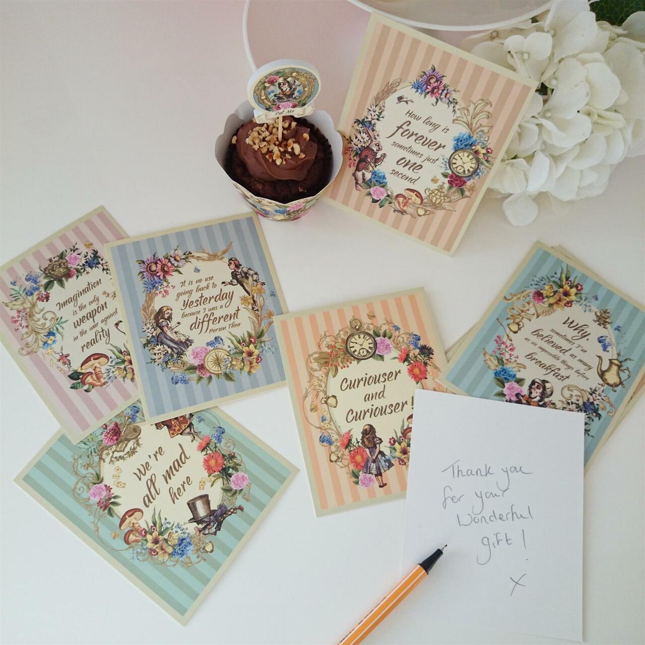 Load image into Gallery viewer, Alice In Wonderland Prints Pack Of 12 Props Postcards Quotes Perfect for Parties Bedroom Classroom
