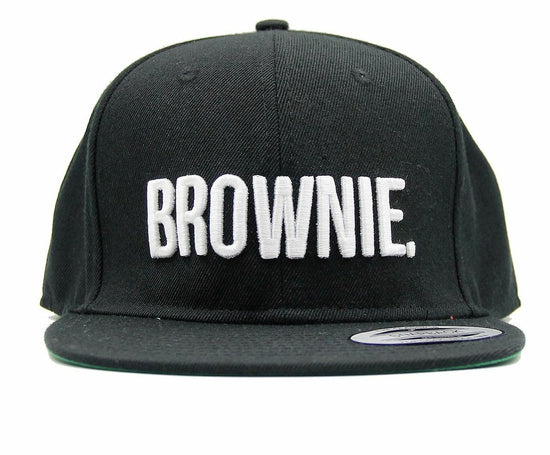 5-Panel Snapback Cap with Embroidered 'Brownie' Lettering Flat Peak and Stylish Retro Hiphop/Rapper Design in Black with White Text - Size Adjustable