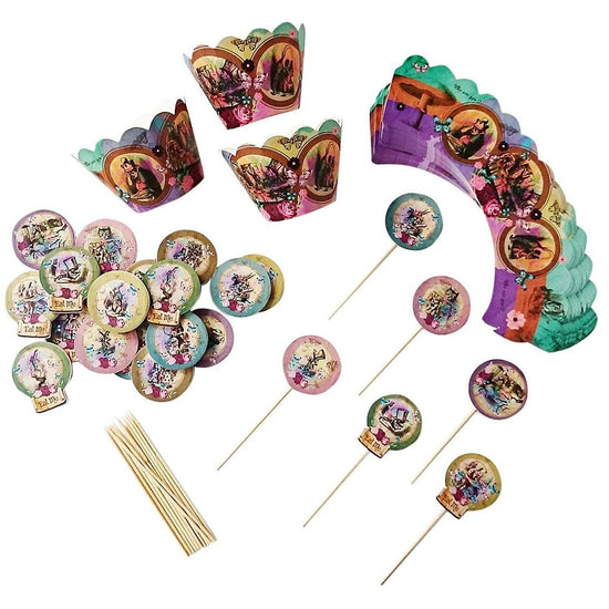 Alice in Wonderland Party Supplies Set of 24 Cupcake Wrappers And Toppers With Cocktail Sticks