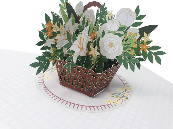 White Flowers Basket 3D Pop Up Card