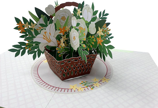 White Flowers Basket 3D Pop Up Card