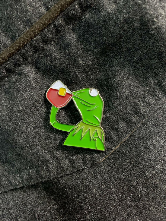 Load image into Gallery viewer, Kermit Sipping Tea Enamel Pin Kermit None of My Business Enamel Pin

