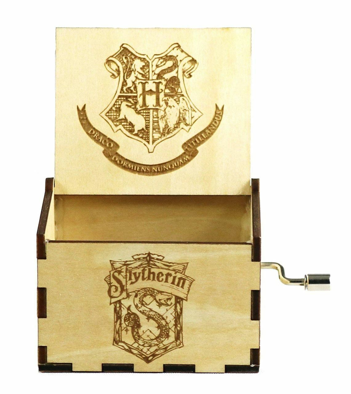 Harry Potter Theamed Music Box Plays The Harry Potter Theme Song Made from Wood With House Badges