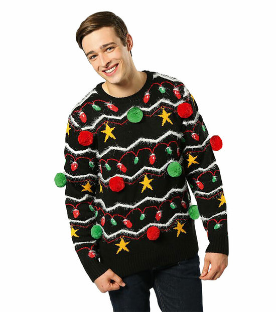 ASVP Shop Adults' Unisex Christmas Jumper with Christmas Lights Design and Pom Pom Baubles